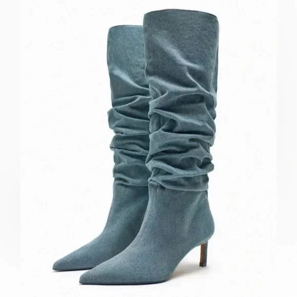 ZARA SLOUCHY DENIM BOOTS | Poshmark