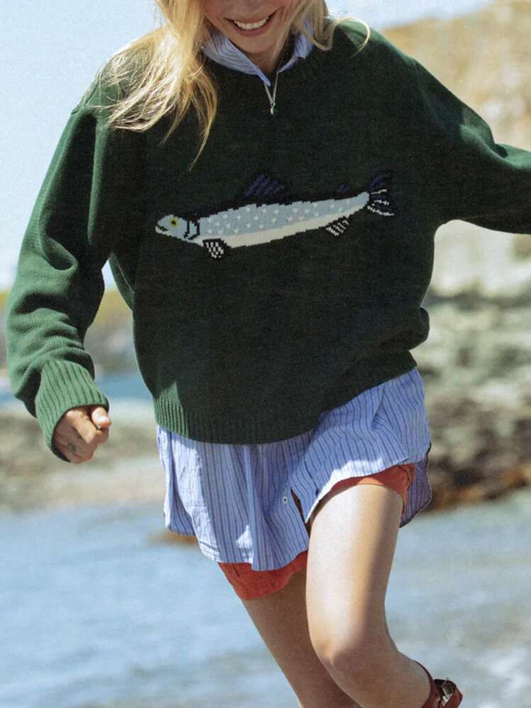 Women Fish Graphic Knit Sweater Y2k Long Sleeve Crew Neck Loose Sweaters Vintage Goth Pullover Kn... | SHEIN