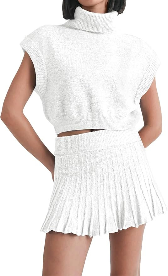 Tankaneo Womens Skirt 2 Piece Sets Sweater Set 2025 Turtleneck Cap Sleeve Crop Top and Pleated Mi... | Amazon (US)