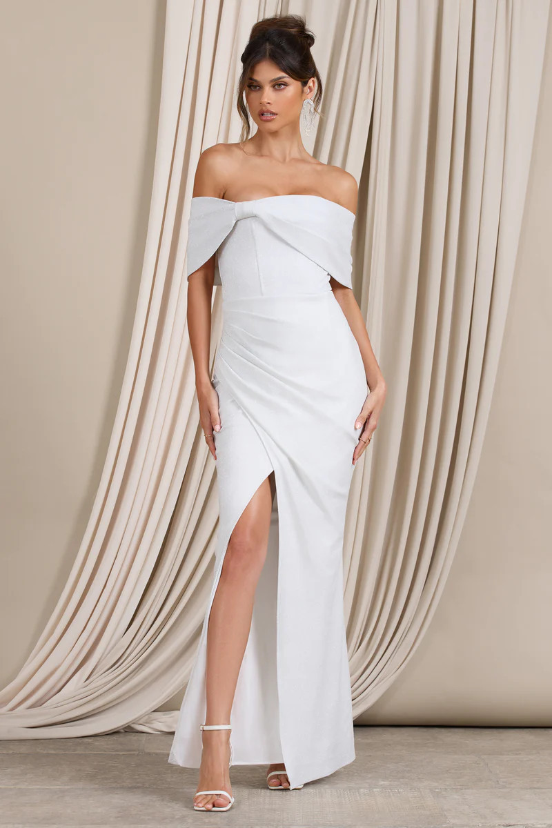 Eva | White Glitter Bardot Wrap Maxi Dress | Club L London