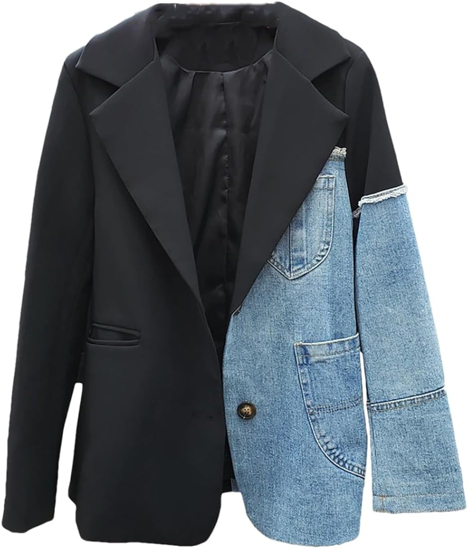 Women's Autumn Denim Patchwork Single Button Black Casual Loose Blazer | Amazon (US)