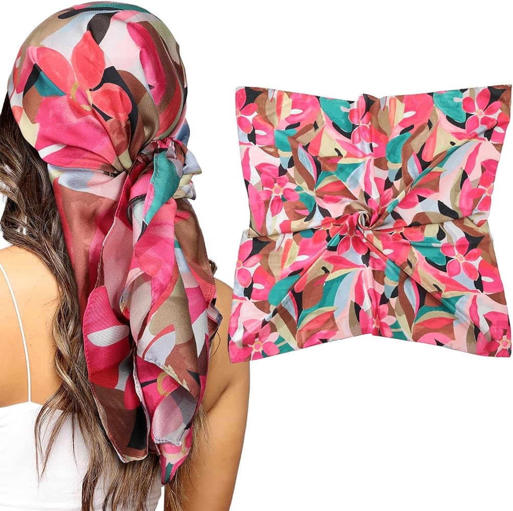 AWAYTR 35” Silk Scarf for Women Large Head Scarf Square Hair Scarf Satin Hair Bandana Printed S... | Amazon (US)