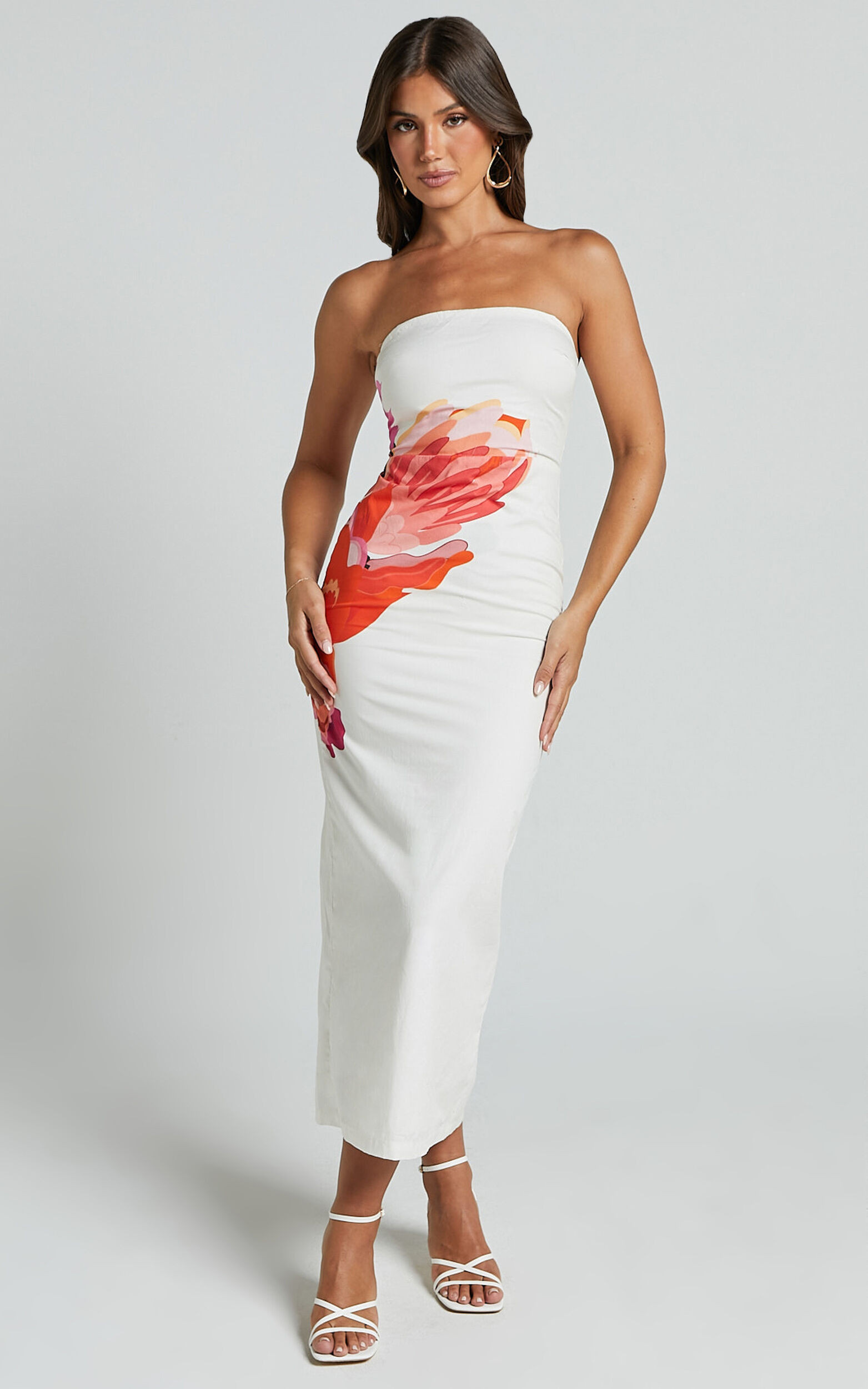 Kimber Midi Dress - With Detachable Shoulder Straps Dress in Pink and Red Print | Showpo (US, UK & Europe)