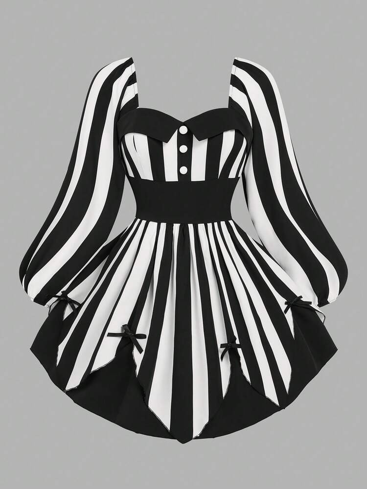Sweetra Plus Size Women's Vintage Bold Avant-Garde College Street Fashion Digital Print Punk Dark Jester Magician Black And White Stripe Collision Solid Color Stage Nightclub Theme Party Bar Long Sleeve Dress, Suitable For Halloween, Back To School Season, Holidays, Valentine's Day Party, Suitable For Sisters Gathering, Formal Evening, Cocktail Party, Christmas, Saudi National Day | SHEIN