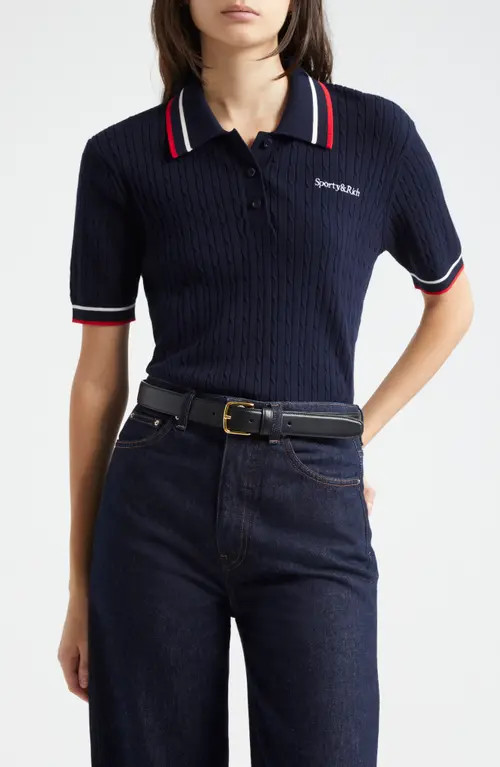 Sporty & Rich Mila Cable Polo Sweater in Navy at Nordstrom, Size X-Large | Nordstrom