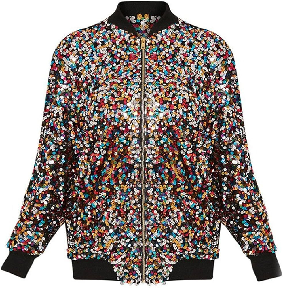 Women's Sequin Fitted Long Sleeve Zipper Blazer Bomber Jacket | Amazon (US)