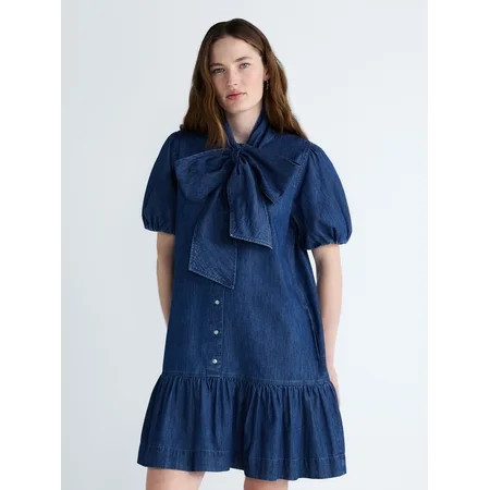 Free Assembly Women s Tie Neck Denim Mini Dress Sizes XS-XXL | Walmart (US)