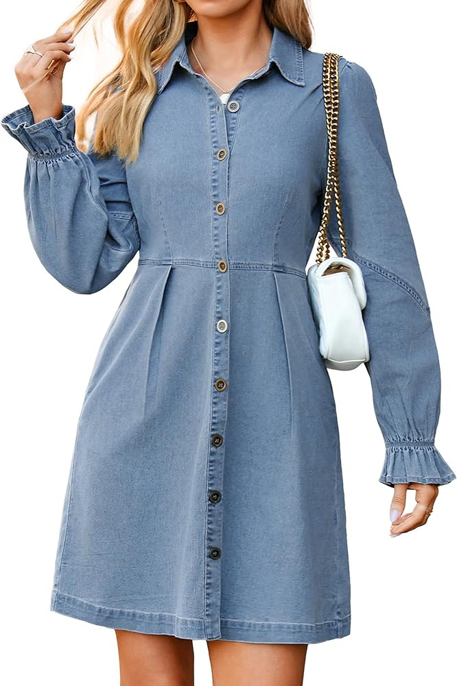 Simplee Womens Denim Dress Long Sleeve 2025 Fall Western Outfit Babydoll Button Down Mini Jean Dr... | Amazon (US)