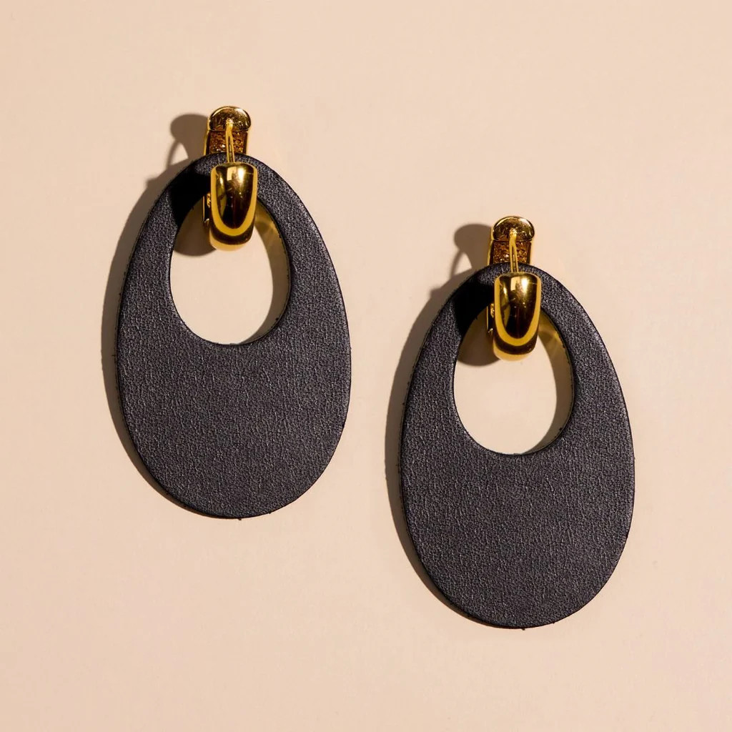 Black Olivia Leather Hoop Earrings | Nickel and Suede