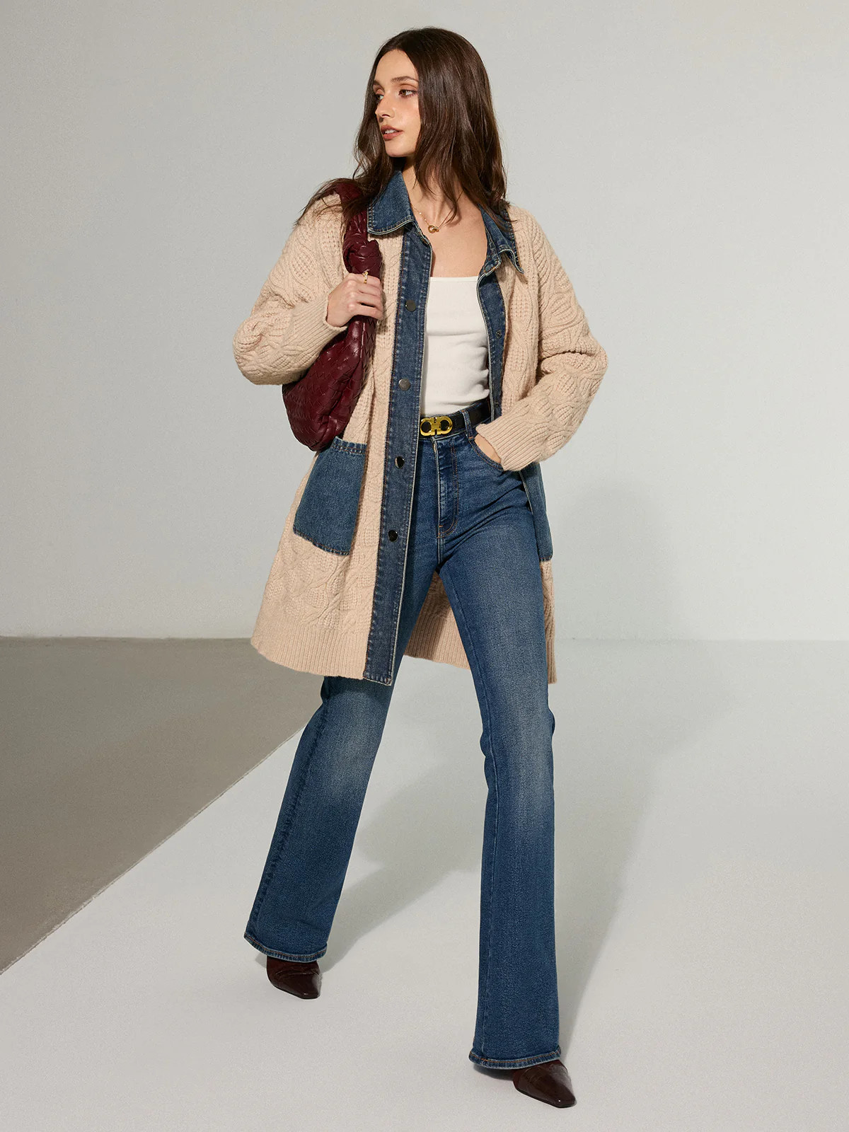 Cable Knit Denim Paneled Longline Cardigan | Commense