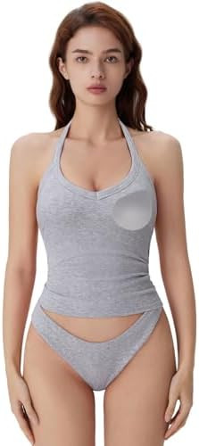 SUUKSESS Halter Tank Top for Women with Built in Bra Cotton Ribbed V Neck Cami | Amazon (US)