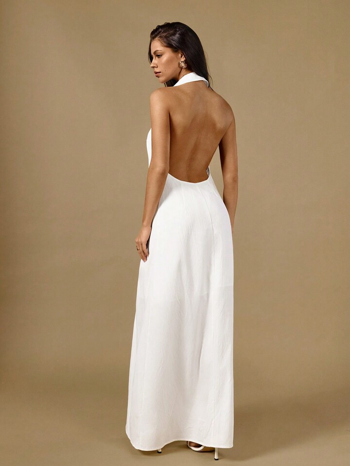 Poéselle Halterneck Lapel Sleeveless Front Button Waist Line Maxi Shirtdress, Casual Style, Casu... | SHEIN