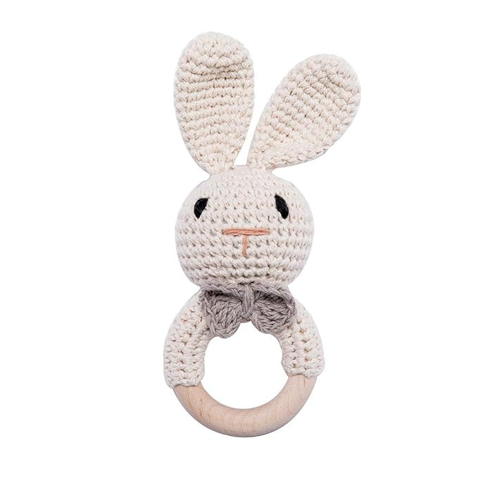 Wooden Baby Rattle Lovely Crochet Bunny Ring Rattle Baby Toys,Beige Bunny | Amazon (US)