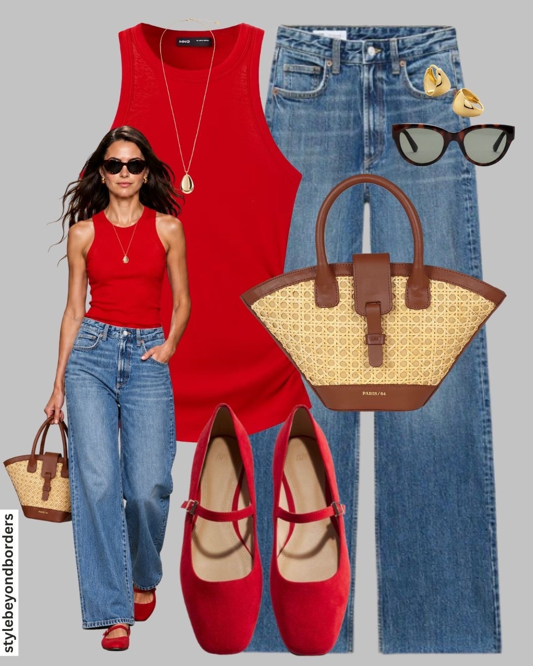Red vest top, straight leg jeans, raffia bag, red ballet flats, chic look, summed look, zara, H&M

#LTKsummer #LTKstyletip #LTKtravel