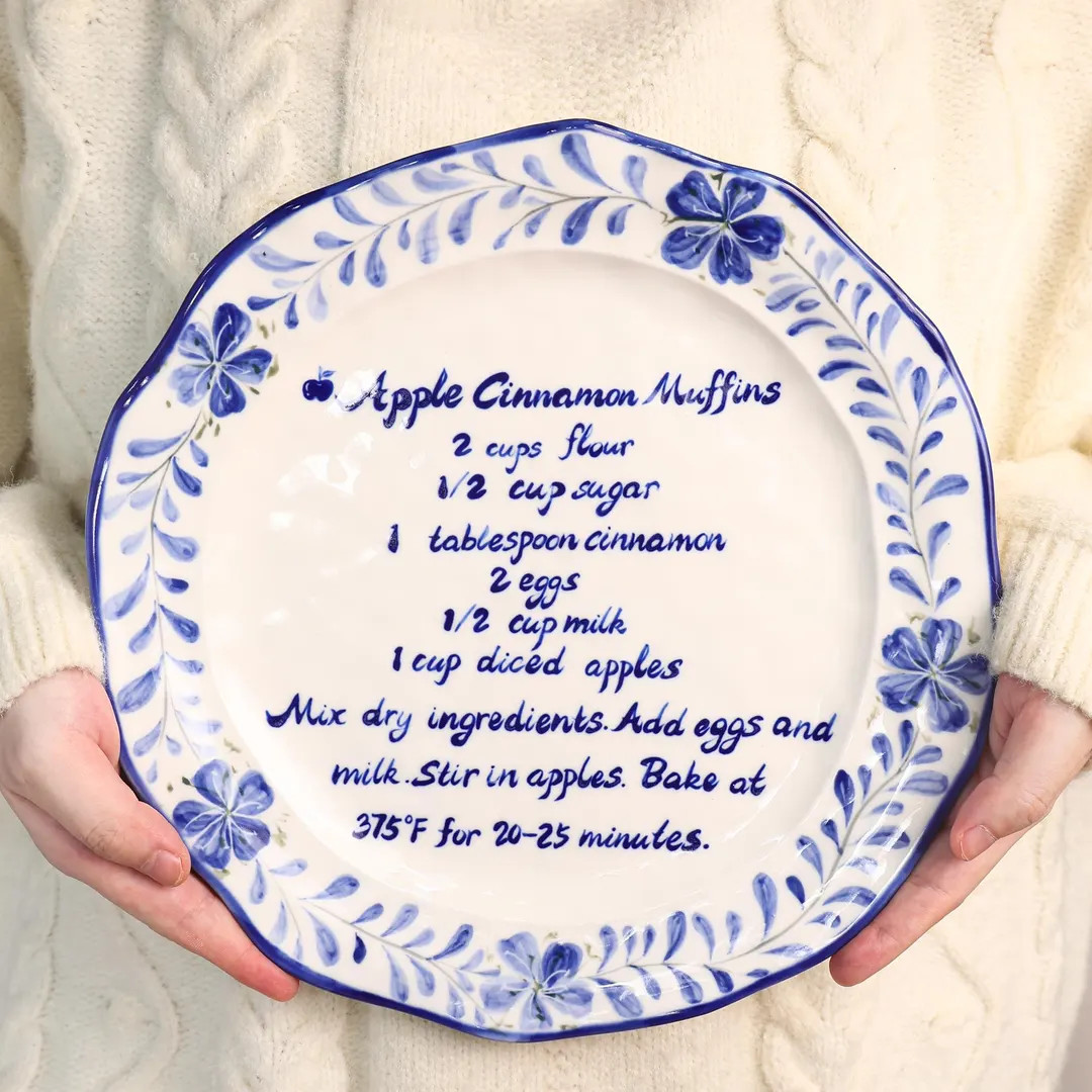 Custom Blue Floral Recipe Ceramic Plate 26cm 10.2" Personalized Handpainted Family Recipe Decorat... | Etsy (US)