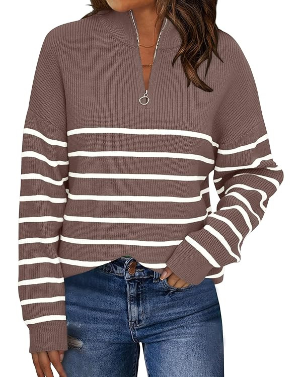 LILLUSORY Women's Quarter Zip Striped Oversized Sweater 2025 Mock Turtleneck Fall Fashion Outfit | Amazon (US)