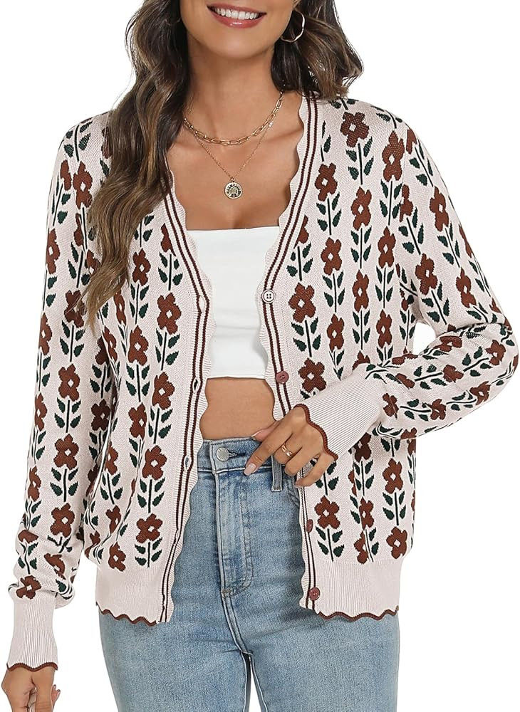 Women's Lightweight Cardigans Casual Long Sleeve V-Neck Button Print Sweaters Open Front Outerwea... | Amazon (US)