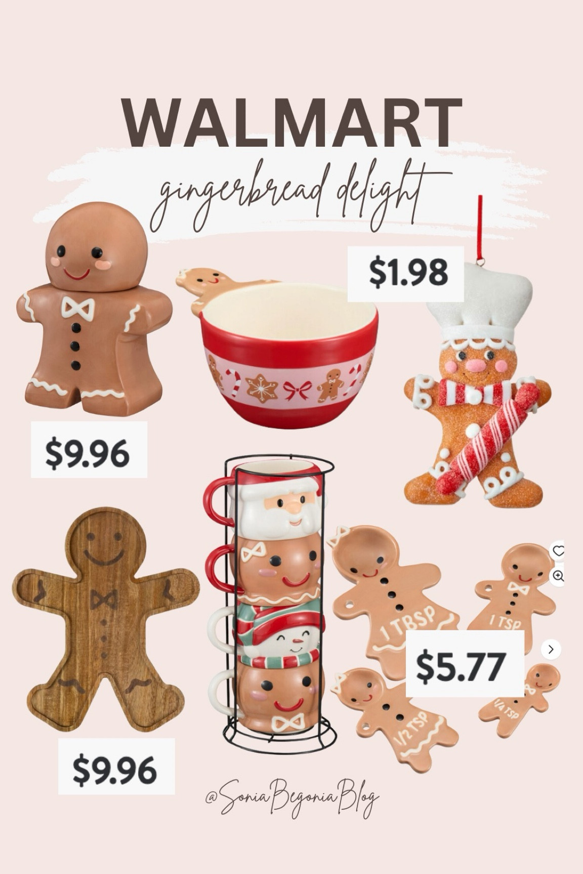 This Walmart gingerbread-themed collection is perfect for adding a festive and cozy touch to your holiday decor and kitchen! Here’s a detailed description of the products:
	1.	Gingerbread Cookie Jar ($9.96): A charming gingerbread man-shaped ceramic cookie jar with adorable details like a bowtie and buttons, perfect for storing holiday treats.
	2.	Gingerbread Bowl ($1.98): A red and cream ceramic bowl adorned with gingerbread motifs, ideal for serving snacks or as a decorative piece.
	3.	Gingerbread Chef Ornament ($1.98): A playful gingerbread chef figurine holding a candy cane, perfect for hanging on your Christmas tree.
	4.	Wooden Gingerbread Cutting Board ($9.96): A wooden cutting board in the shape of a gingerbread man, functional and decorative for holiday baking and entertaining.
	5.	Gingerbread and Santa Stackable Mugs ($9.96): A set of ceramic stackable mugs featuring gingerbread and Santa designs, adding a festive touch to your hot cocoa moments.
	6.	Gingerbread Measuring Spoon Set ($5.77): A cute set of gingerbread man-shaped measuring spoons, perfect for all your holiday baking needs.

This collection is both budget-friendly and stylish, making it a perfect addition to your holiday home decor or a thoughtful gift idea! 

#LTKCyberWeek #LTKSeasonal #LTKHome