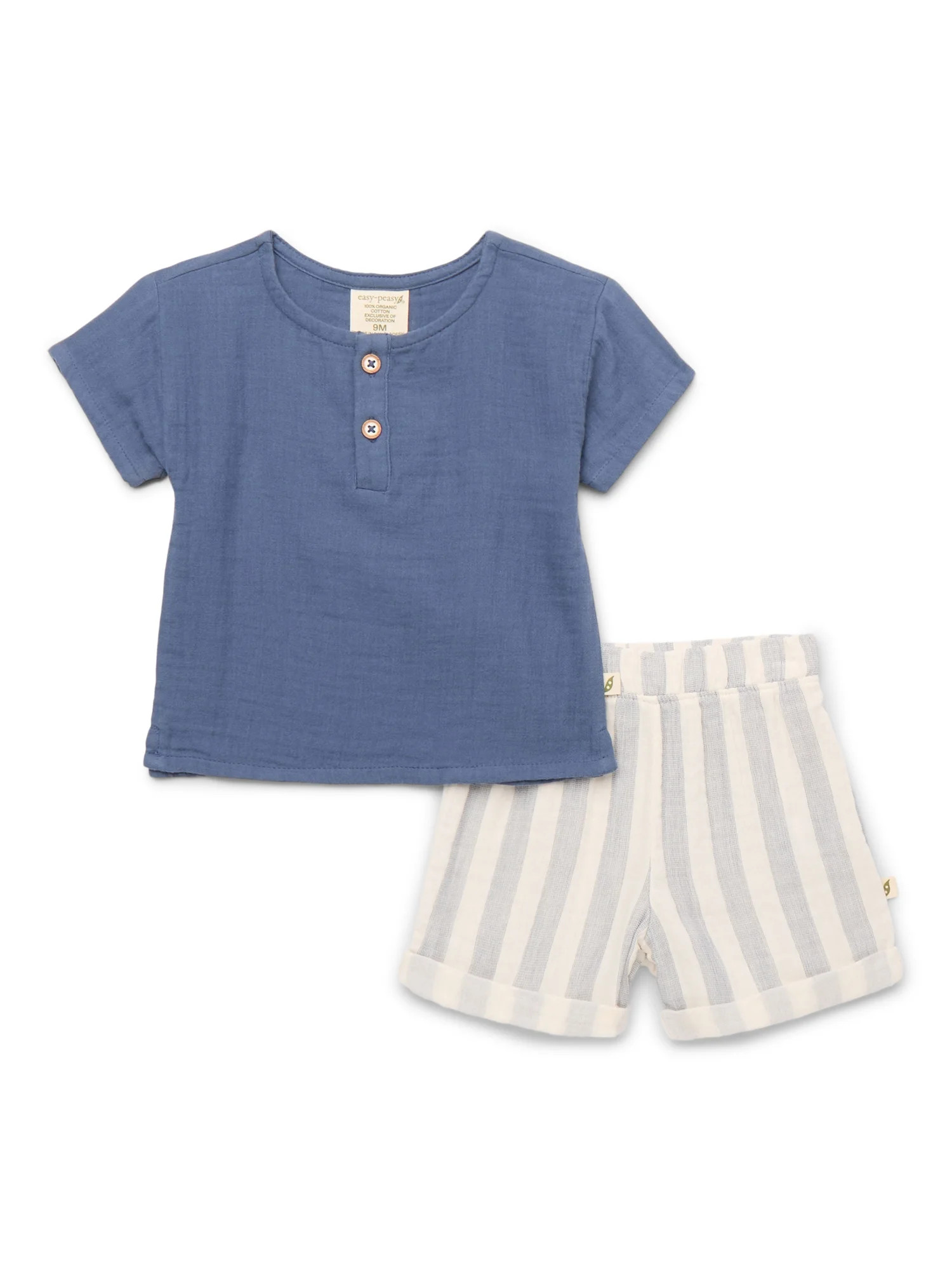 easy-peasy Baby Boys Double Gauze Henley Boxy T-Shirt & Striped Shorts Set, 2-Piece, Sizes 0-24M ... | Walmart (US)
