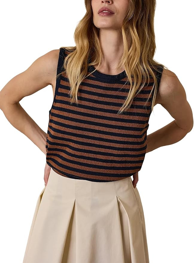 Hongsui Women's Striped Color Block Sweater Vest Ribbed Knit Tank Tops Oversized Crewneck Pullove... | Amazon (US)