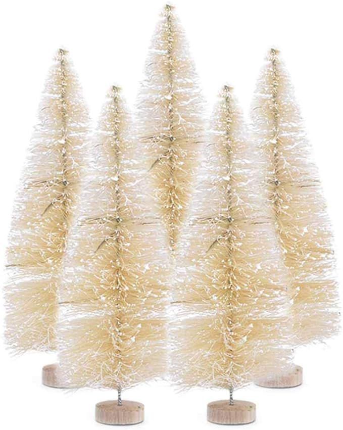 Artificial Frosted Mini Sisal Christmas Trees, 5PCS Upgrade Sisal Trees with Wood Base Bottle Bru... | Amazon (US)