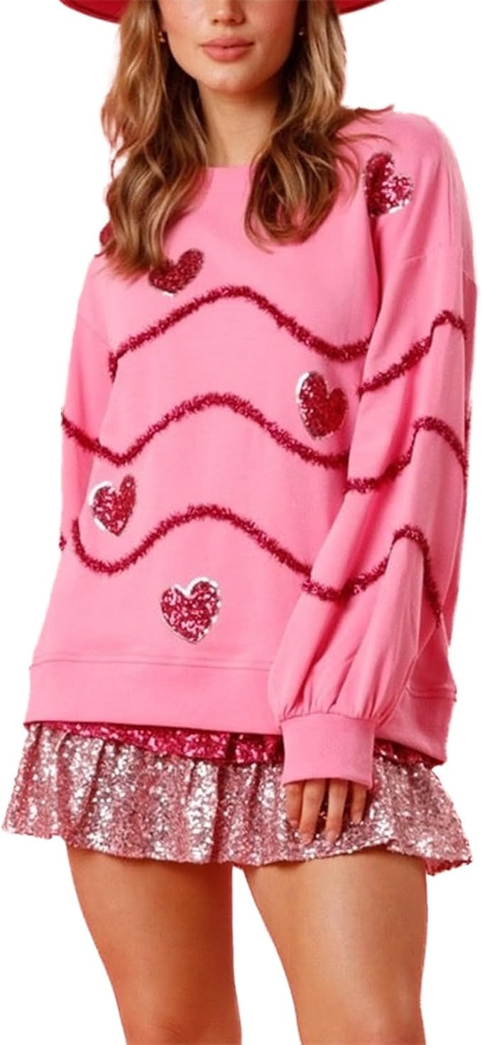 ROAONOCOMO Women Valentine’s Day Sequin Sweatshirt Love Heart Oversized Pullover Top Cute Spark... | Amazon (US)