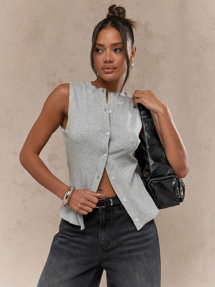 MISSGUIDED Ribbed Buttoned Crew Neck Sleeveless Vest Top | SHEIN