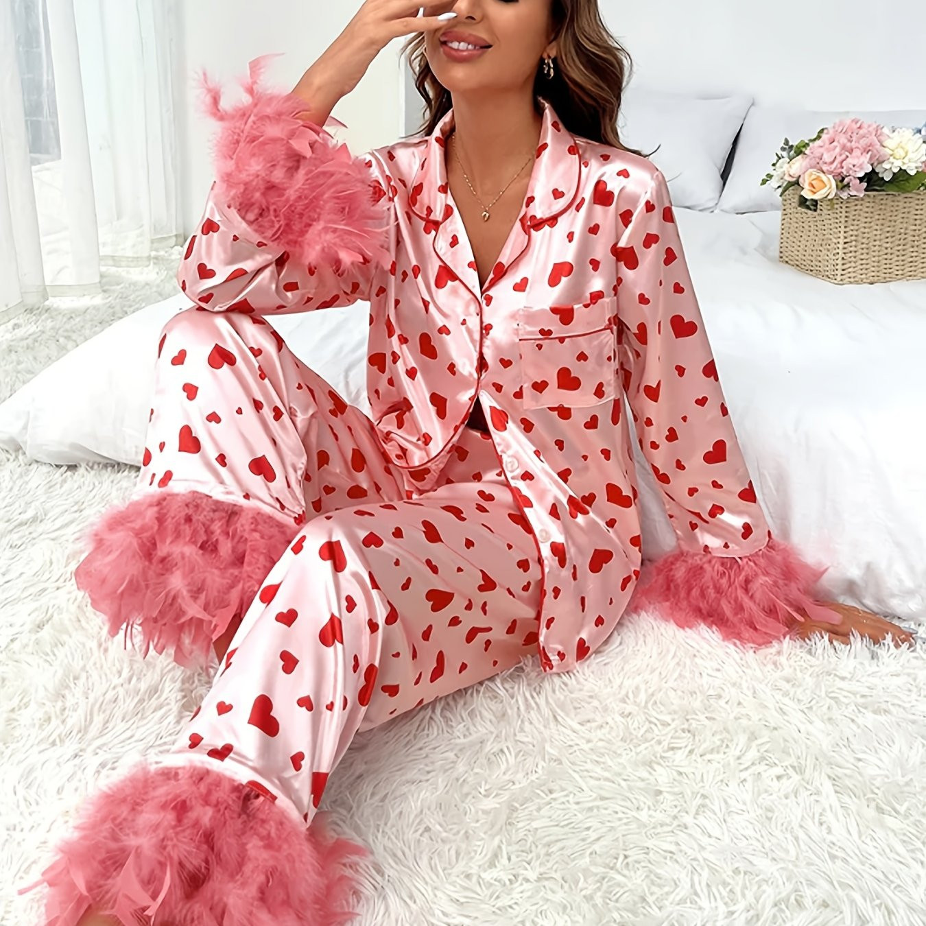 Chic Heart Pattern Casual Two-Piece Set for Women - Long Sleeve Button-Up Shirt & Elastic Waist P... | Temu Affiliate Program