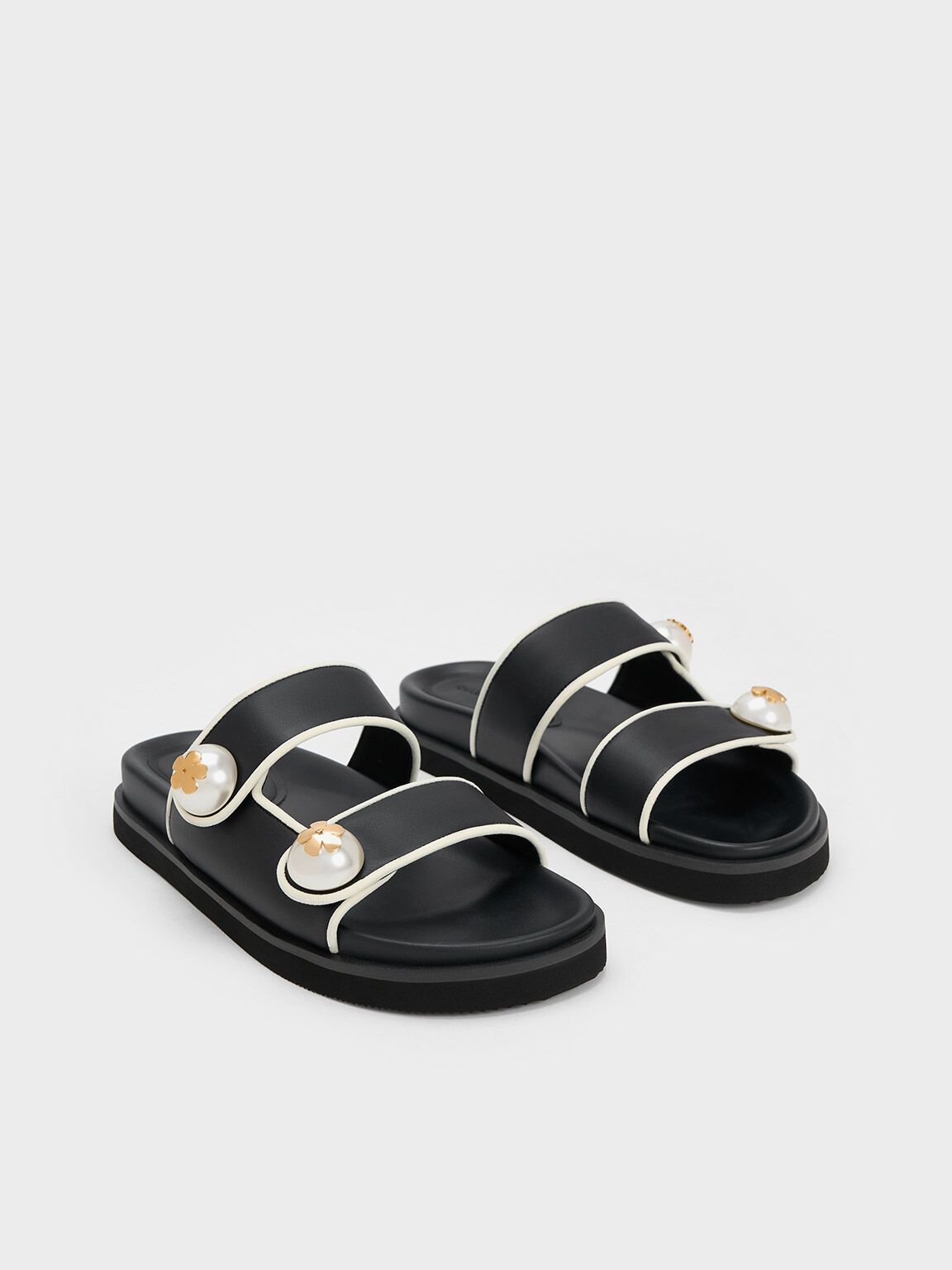 Pearl Embellished Contrast-Trim Slides
 - Black | Charles & Keith UK