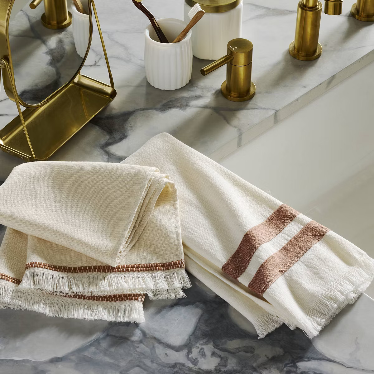 Double Stripe Cotton Hand Towel Cream/Rust - Hearth & Hand™ with Magnolia: Lightweight, Farmhou... | Target