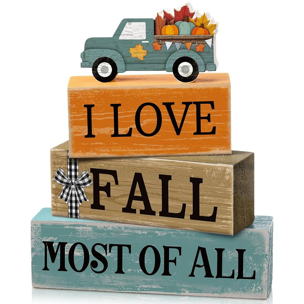 4 Pcs Fall Decoration for Home Fall Truck Decor Autumn Tiered Tray Decor Rustic Wooden Truck Bloc... | Amazon (US)