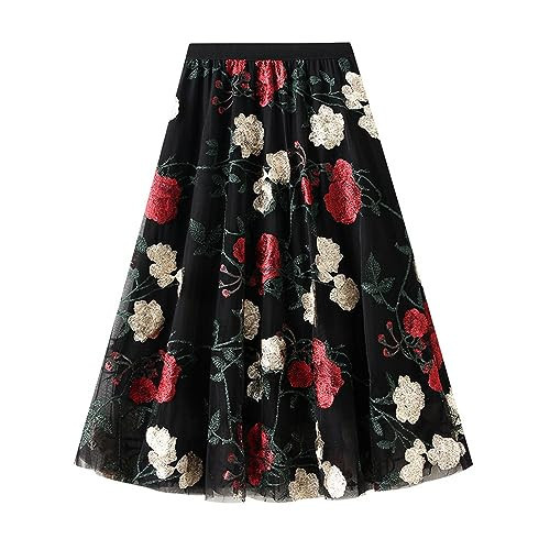 Dirholl Women's A-Line Fairy Patterned Elastic Waist Ruffle Tulle Layered Midi Skirt Embroidery Flower | Amazon (US)