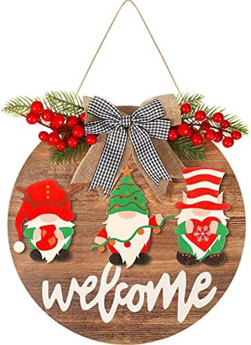 Christmas Gnomes Welcome Sign Hanging Christmas Door Wreath Wooden Sign Round Wood Welcome Sign Fron | Amazon (US)