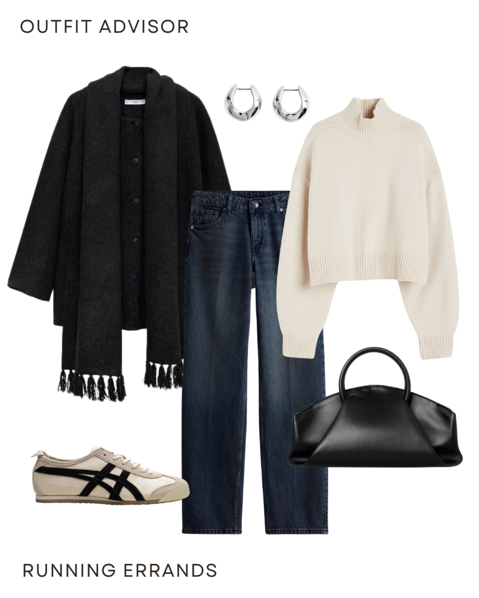 Autumn outfit idea: a black scarf coat, cream turtleneck knit, jeans, silver earrings, a black Cos bag and Onitsuka Tiger
Sneakers 

#LTKshoes #LTKstyletip #LTKautumn