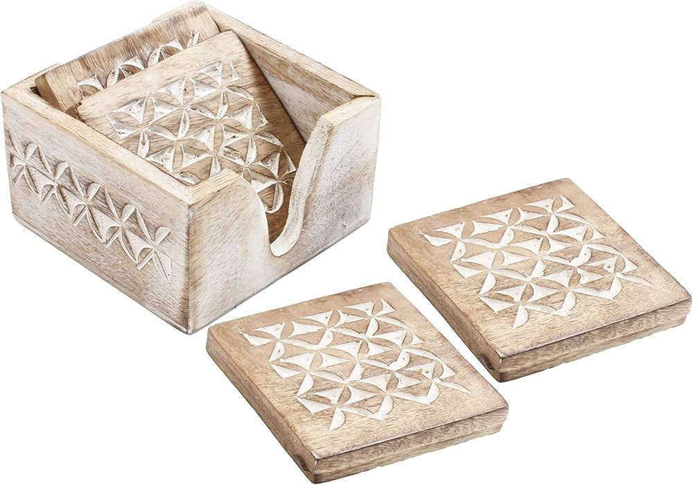 Valentine's Day Gifts Wooden Set of 6 Whitewash Floral Coasters for Drink Tea Coffee Table White ... | Amazon (US)
