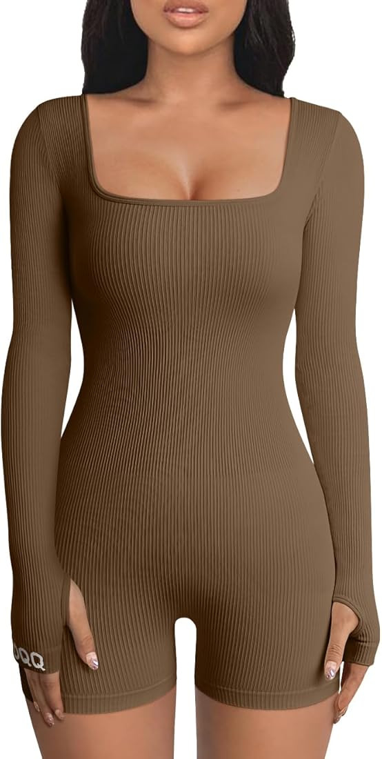 OQQ Women’s Yoga Rompers Workout Ribbed Long Sleeve Square Neck Sport Jumpsuits Rompers | Amazon (US)