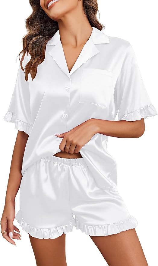 Ekouaer Womens Satin Pajamas Set Button Down Silk 2 Piece Pj Sets Ruffled Short Sleeve Sleepwear | Amazon (US)