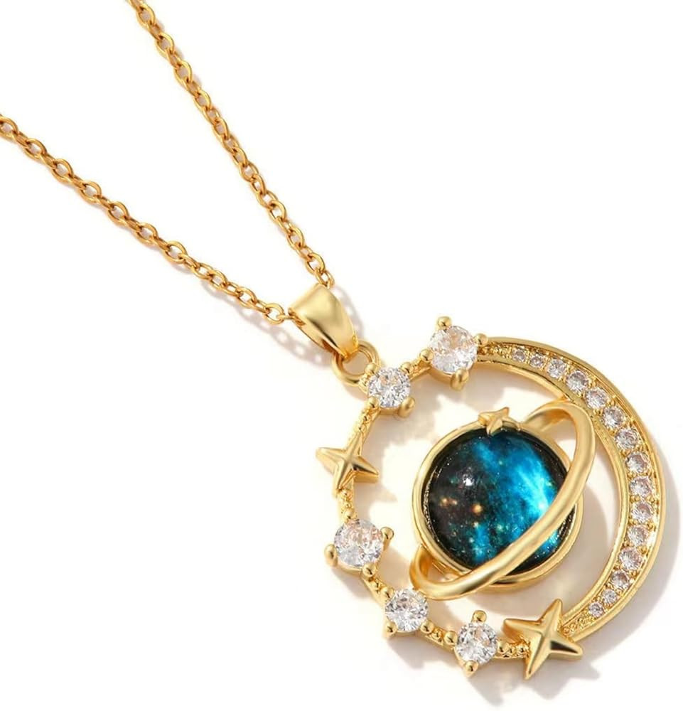 18K Gold Plated Diamond Saturn Pendant Choker Necklace Aesthetic Space Planet Star Necklaces Jewe... | Amazon (US)