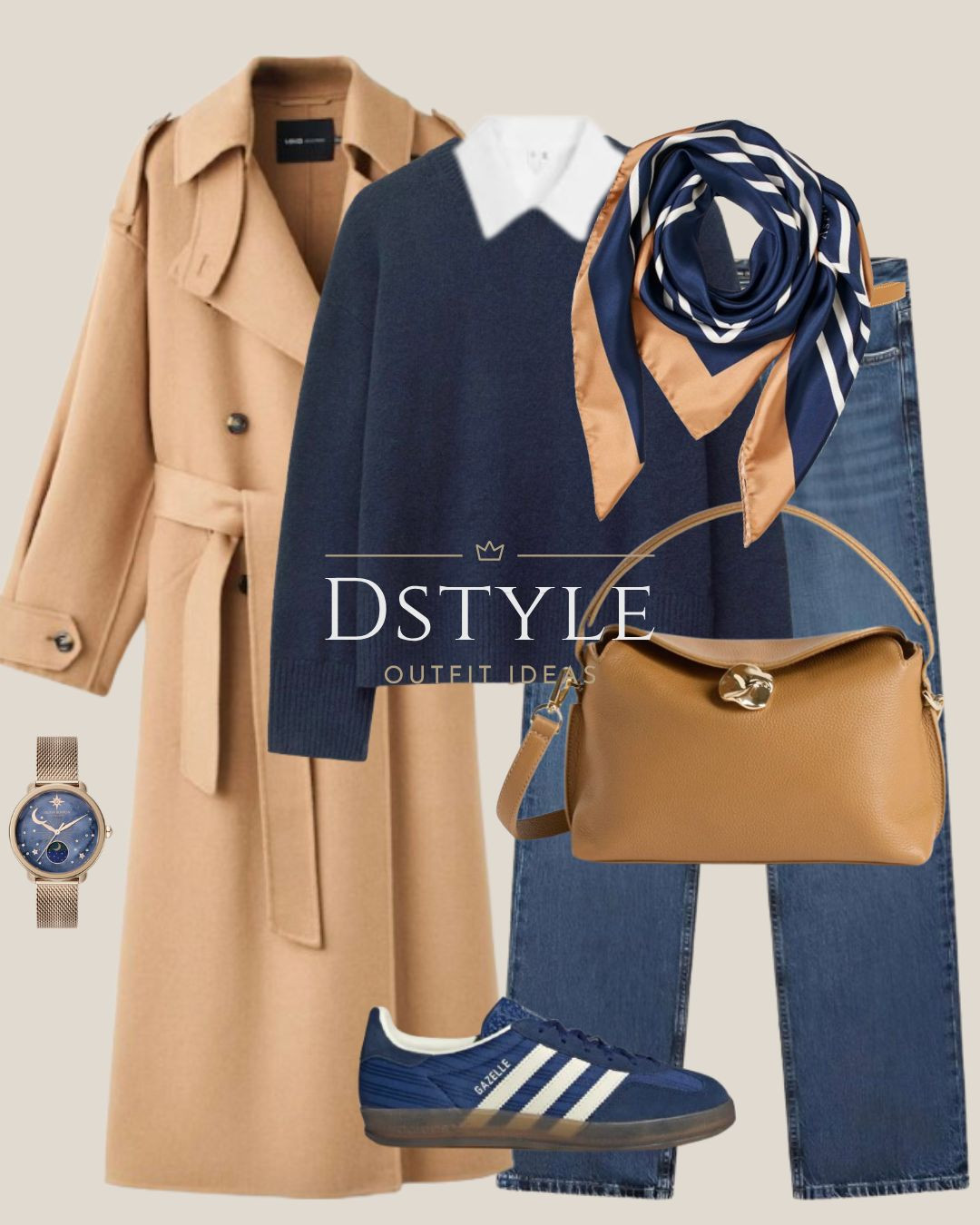 The ultimate preppy chic outfit for the cooler months. 🍂 Nothing beats the classic combo of a camel coat paired with navy. Styling this oversized knit over a crisp white shirt with comfortable Adidas Gazelle sneakers. The patterned silk scarf and tan handbag are the perfect finishing touches for this elevated casual look. 

 #preppystyle #camelcoat #adidasgazelle #navysweater #falllayers #capsulewardrobe #elevatedcasual #LTKSeasonal #LTKStyleTip #LTKWorkwear