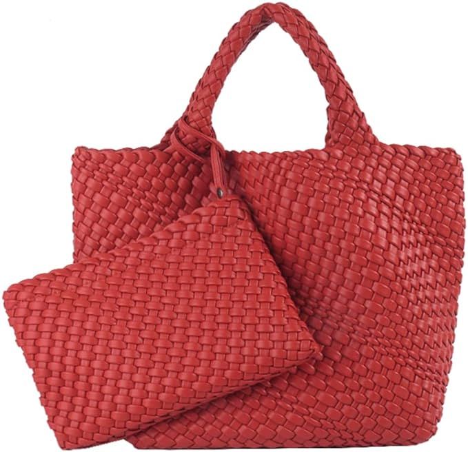 Woven Tote Bag, Women Macaron Soft Leather Weave Handbag Purse Wrist Bag Large Capacity Work Shop... | Amazon (US)