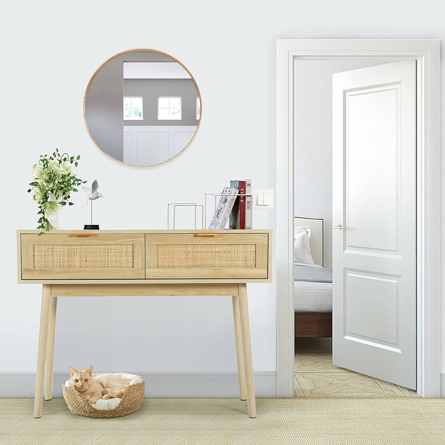 HOPUBUY Console Table Rattan Desk with Drawers, Oak Narrow Sofa Table with Pine Leg, Modern Small... | Amazon (US)