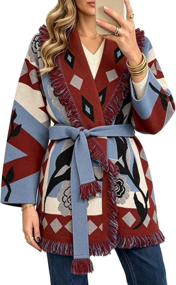 CHARTOU Women Boho Floral Belted Warp Cardigan Fall Winter Open Front Jacket Coat with Fringe Tri... | Amazon (US)