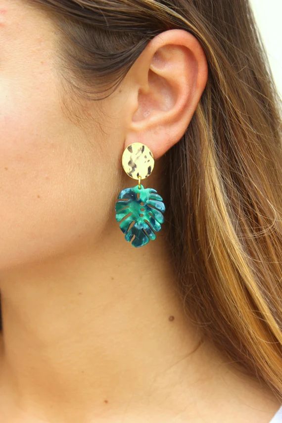 Monstera Leaf Earrings, Monstera Jewelry, Monstera Leaf, Resin Earrings, Gold Acrylic Earrings St... | Etsy (US)
