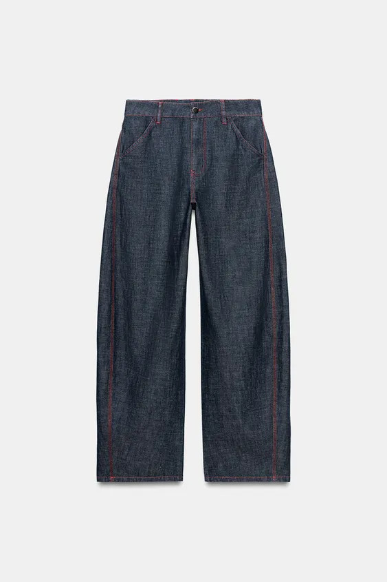 LINEN BARREL PANTS WITH CONTRAST TOPSTITCHING | Zara Canada