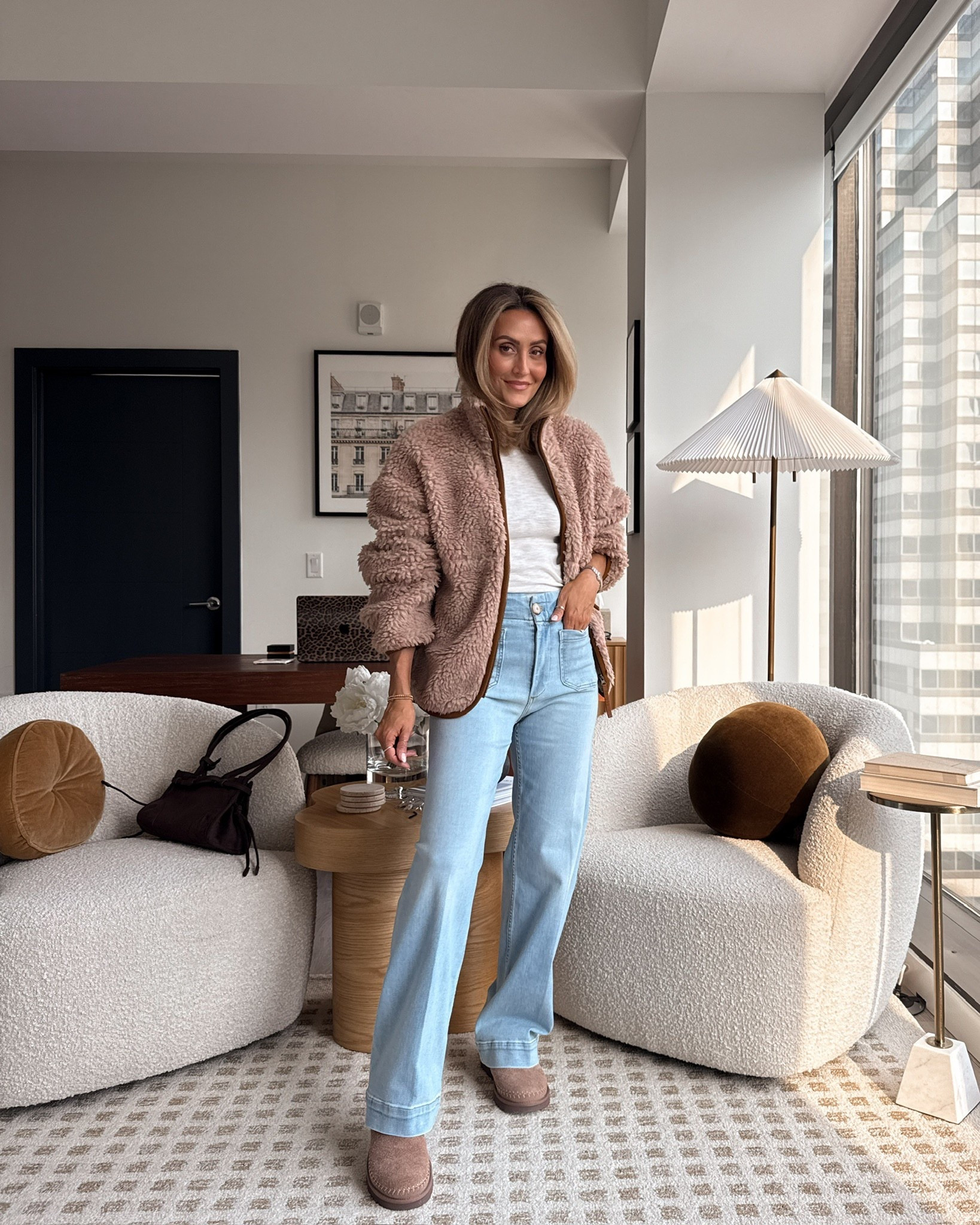 Let me introduce you to your new fall uniform!👏🏽🍂 These pants are my latest obsession — they are SO comfortable yet they offer such a stylish and put together look. The wide-leg fit is trendy and I appreciate that these come in multiple washes. Trust me, you’ll love the way they feel and fit. You also can’t go wrong with a fleece jacket during this time of year — and the same is true when it comes to UGGs. Snag these picks before they sell out (they’re going fast!) Sizing: 25 in the jeans, XS in the tee and jacket. 

#LTKSeasonal #LTKStyleTip #LTKShoeCrush