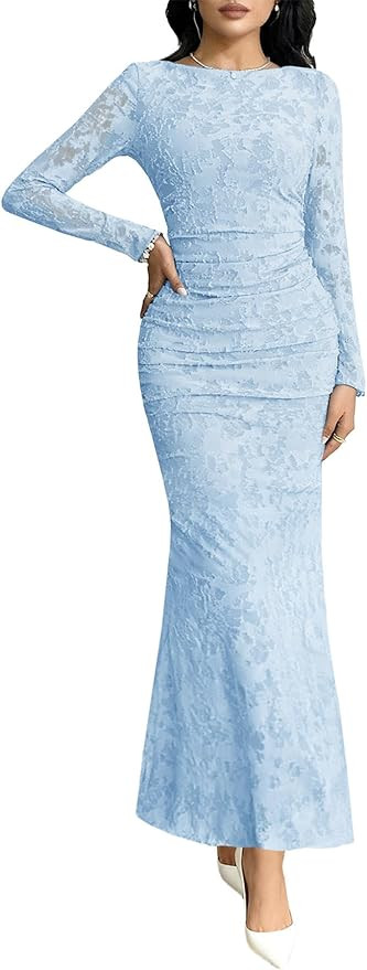 MITILLY Women's Formal Long Sleeve Dress Fall Elegant Floral Bodycon Ruched Cocktail Party Maxi D... | Amazon (US)