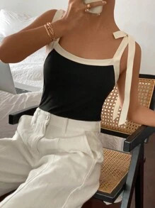 Serisse Women's Solid Color Patchwork Wide Strap Tie-Up Casual Blouse,Women' Contrast Color Tie F... | SHEIN