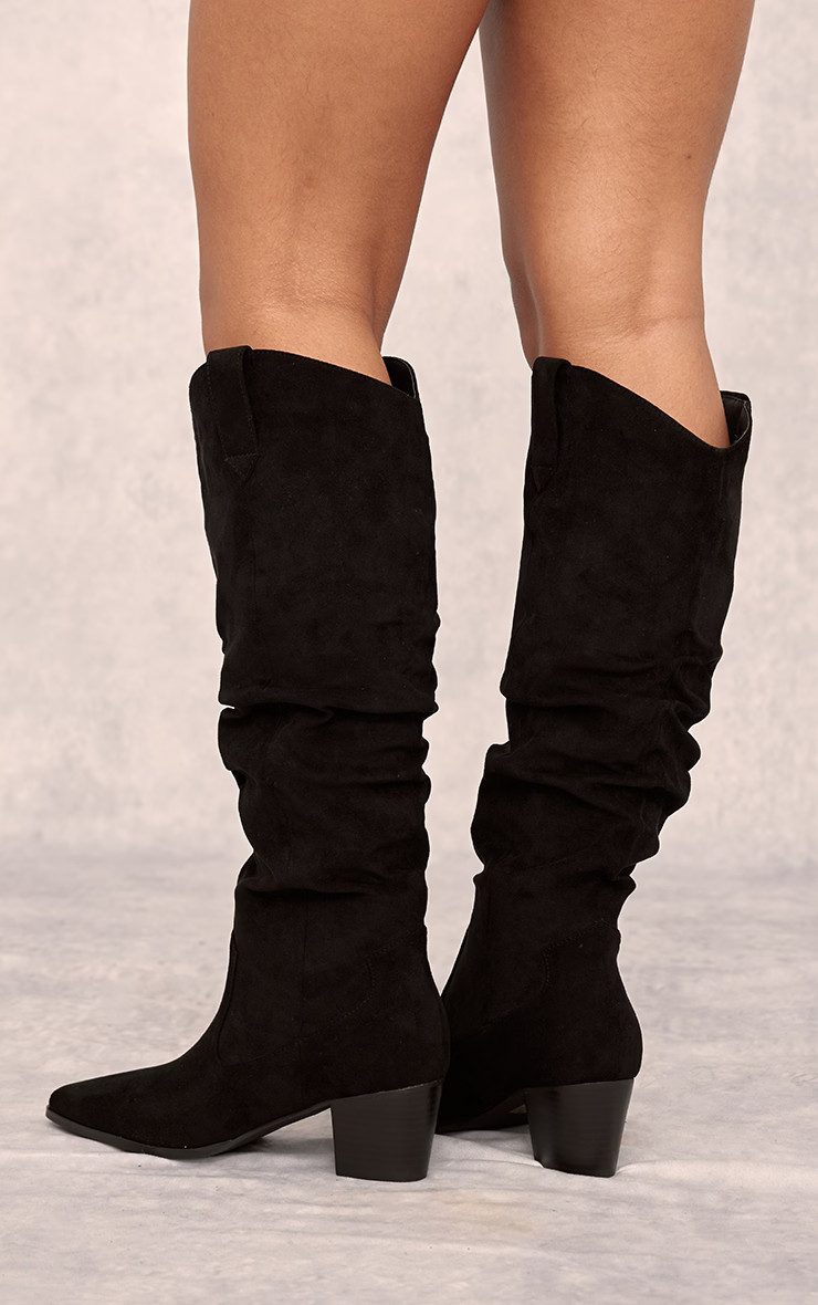 Black Faux Suede Point Toe Ruched Knee High Heeled Western Boots | PrettyLittleThing US