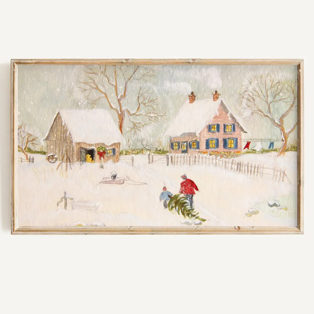 Christmas Frame Tv Art Digital Download | Christmas Tree Farm Watercolor Painting | Pastel Pink C... | Etsy (US)