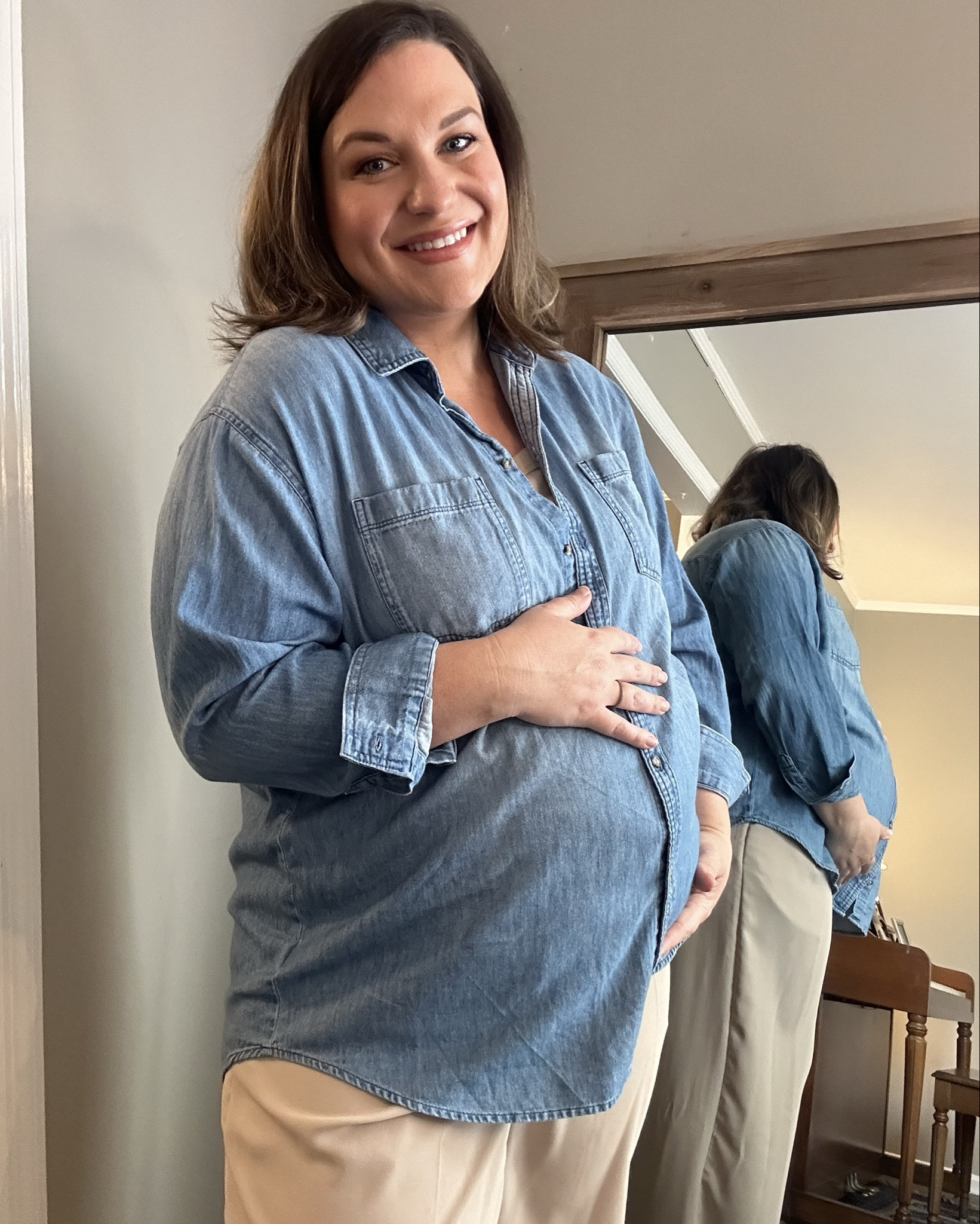 Maternity style 
Curvy pregnancy 
Denim shirt 
Spring look 
31 weeks pregnant 

#LTKbump #LTKSeasonal #LTKxTarget
